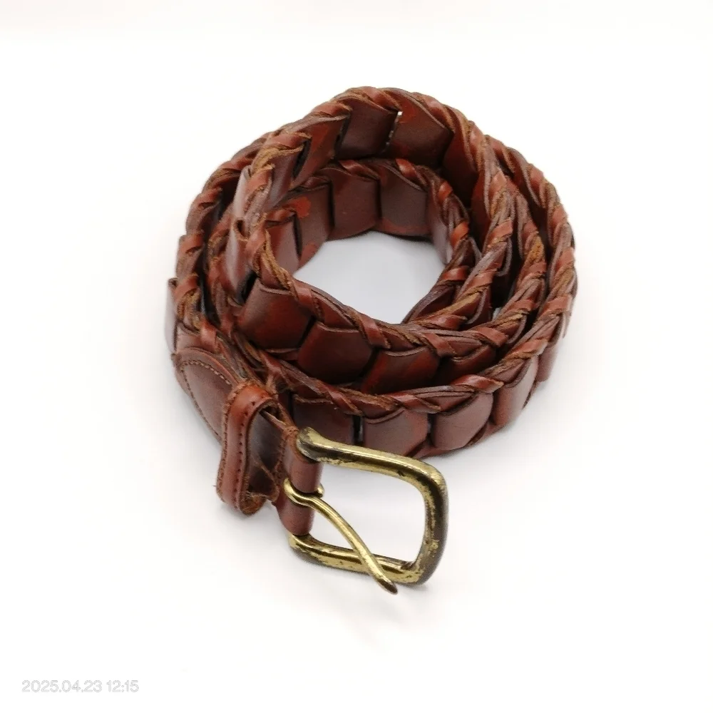 Genuine Leather Men's Brown Belt 38 Rectangular Braided With Solid Brass Buckle